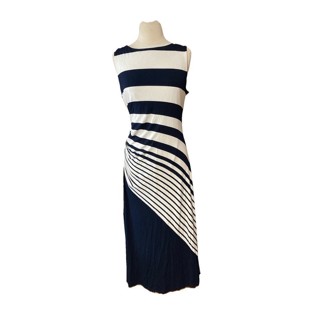 Soft Surroundings Maxi Dress‎ Sz LP Navy White Striped Coastal stretch nautical